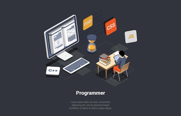 Vector concept of it sector and freelance working male character developer coding new startup project or application screen with code script and open windows isometric 3d cartoon vector illustration