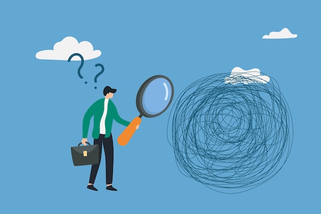 Vector the concept of looking for the source of a problem and a solution to solve it person is analyzing a complex problem