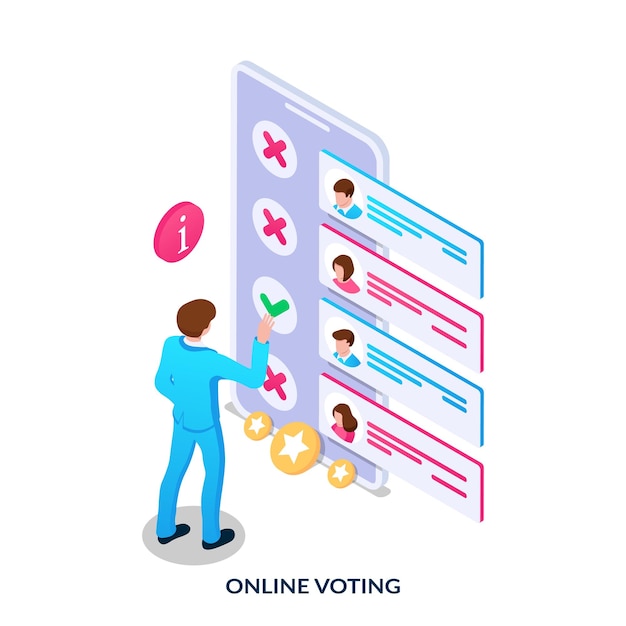 Vector the concept of online voting remote secure elections a person votes for a candidate on the internet using a mobile application isometric vector illustration on white background