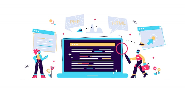 Concept Programmer, Coding, programming, website and application development . illustration, application development, Software API prototyping and testing, interface building process, start up