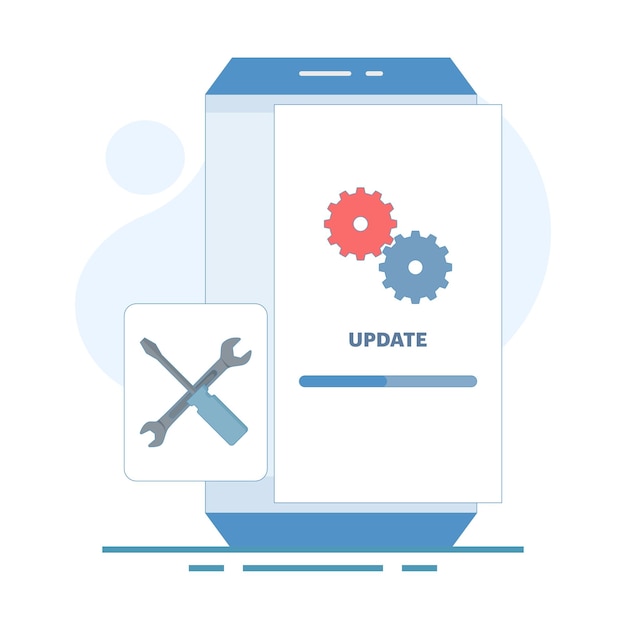 Vector concept of repair and update of loading update process on smartphone screen wrench screwdriver