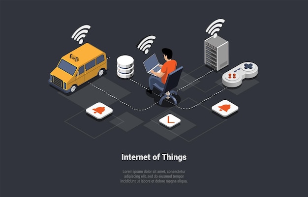Vector concept of smart home technologies and internet of things and machine interface man controls of work taxi car and server using laptop with wireless network isometric 3d cartoon vector illustration
