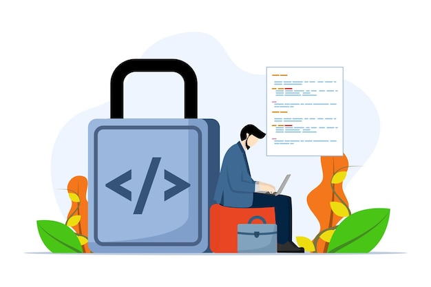 Vector concept vector illustration of software programmer working to open lock with coding symbols