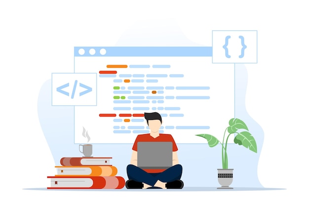 Vector concept of web design and mobile app programmer working and coding for remote work development
