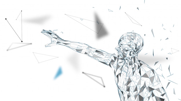 Vector conceptual abstract man touching or pointing to something. connected lines, dots, triangles, particles. artificial intelligence concept. high technology vector, digital background. 3d render vector