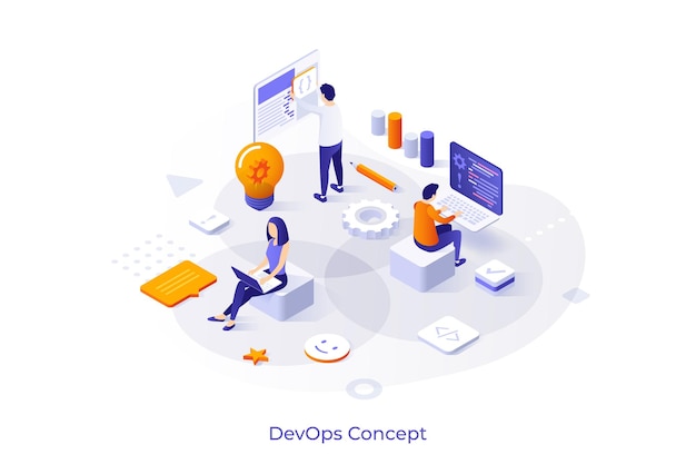 Vector conceptual template with people working on computers programming or developing software scene for devops system development information technology startup modern isometric vector illustration
