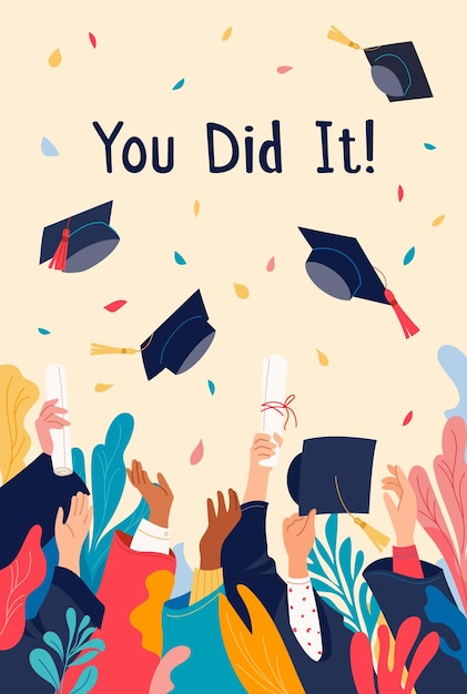 Vector congratulations on graduation you did it happy diverse students throwing graduation caps