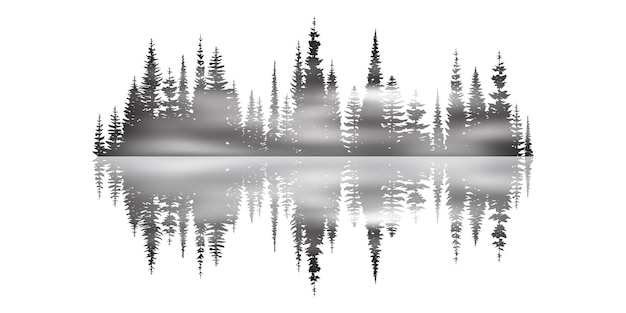 Vector coniferous forest reflected in water, black and white landscape