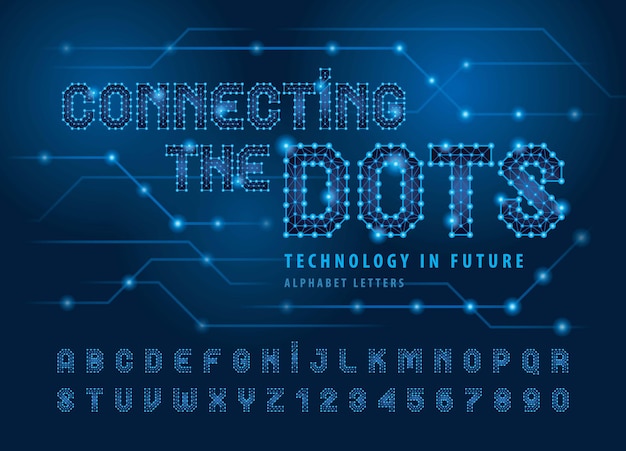 Vector connecting lines and dots alphabet letters and numbers future techno stylized fonts