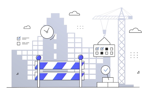 Vector construction and building processes urban architecture residential district with construction crane