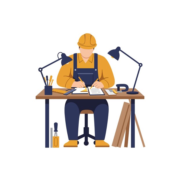 Vector construction worker in overalls sitting at a desk focused on blueprint design flat vector art