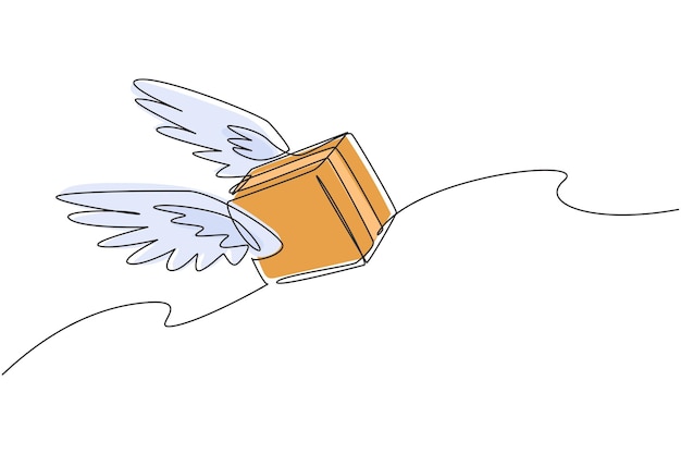 Vector continuous one line drawing of flying package box with wings ecommerce online shopping vector