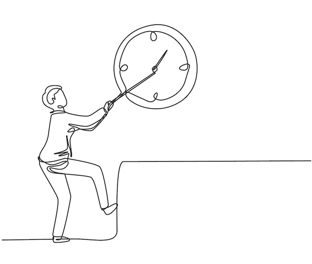 Vector continuous one line drawing male worker pulling clockwise big analog clock on the wall vector