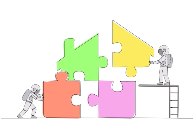 Vector continuous one line drawing two astronauts put together square puzzle in the shape of house