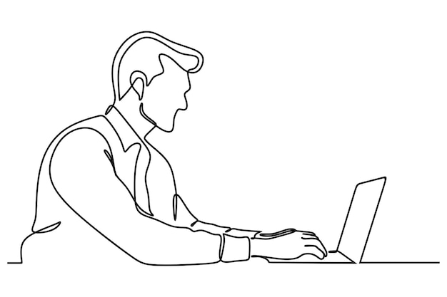 Vector continuous one line drawing of young man writing and working in front of laptop