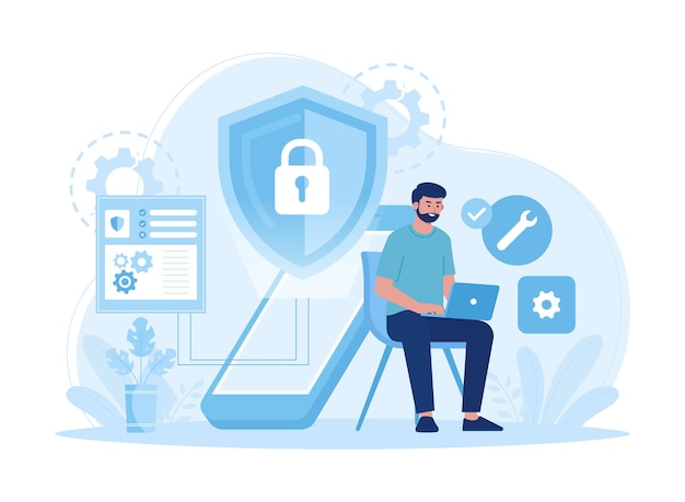 Vector control security data on cellphones concept flat illustration