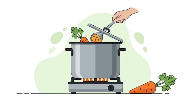 Vector cooking vegetables in a pot on a stove