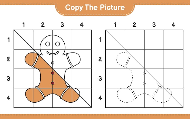 Vector copy the picture educational worksheet game of gingerbread man using grid lines