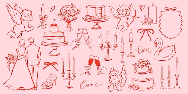 Vector coquette wedding doodle set in whimsical vintage style