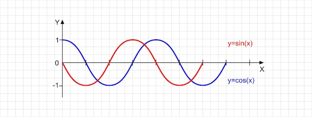 Vector cosine and sine wave lines on bidimensional plane mathematics function graph checkered worksheet