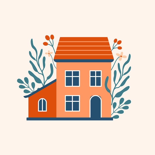 Vector cottagecore arhitecture village building house with plants leaves berries life on farm