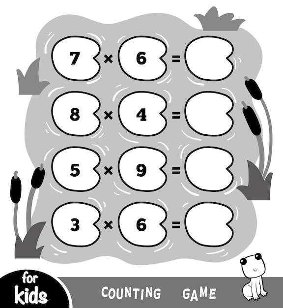 Vector counting math game for preschool children count the numbers and write result background of pond