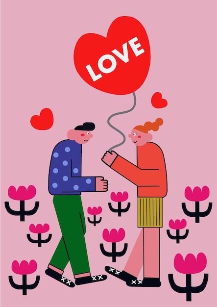 Vector a couple in love with a balloon that says love on it.