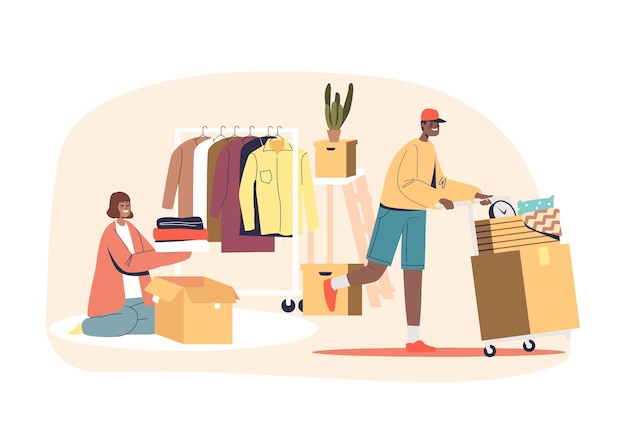 Vector couple packing and loading cardboard boxes preparing for relocation to new house or apartment