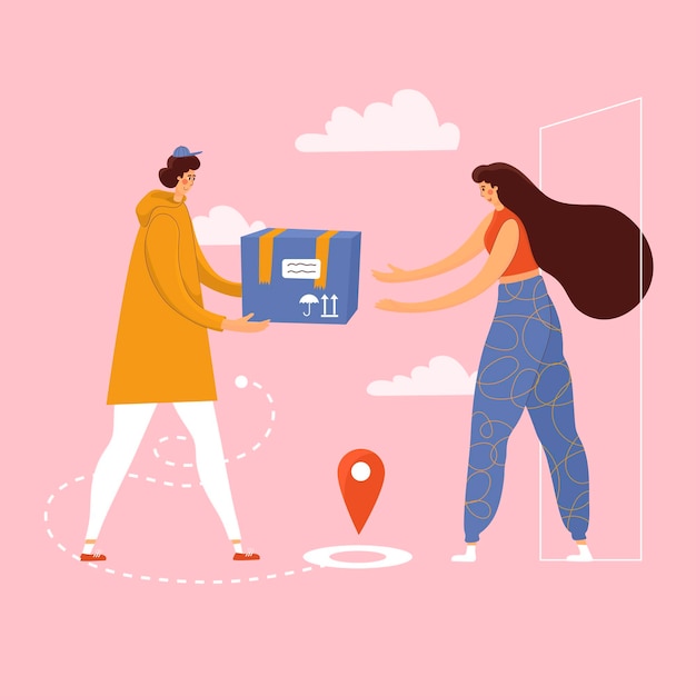 Vector courier delivers the order to the customer  receiving deliveryman purchase navigation map