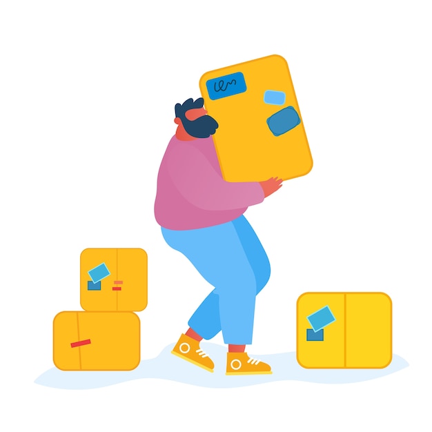 Vector courier man carry parcel boxes isolated on white background.