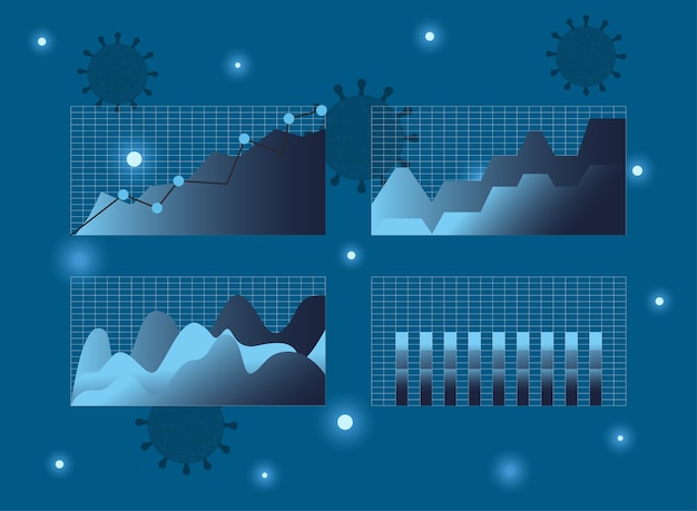 Vector covid 19 virus stats area bars chart and increase line gradient style icon design