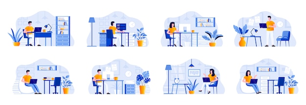 Vector coworking office bundle with people characters. designers and developers working with computers in coworking open space area situations. emploees and frelancers at workplace flat illustration