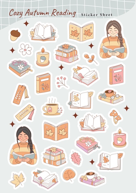 Vector cozy autumn reading sticker sheet fall bookish doodle hand drawn elements sticker sheet