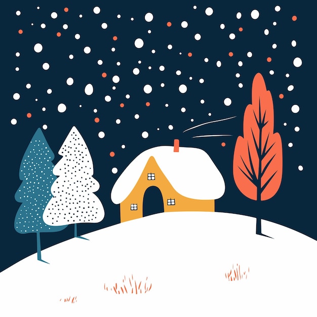 Vector cozy winter cabin in a snowy landscape illustration