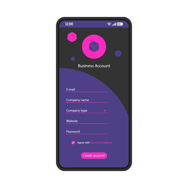 Vector create business account smartphone interface vector template mobile register page black design layout sign up fields app screen flat ui for application company registration form phone display