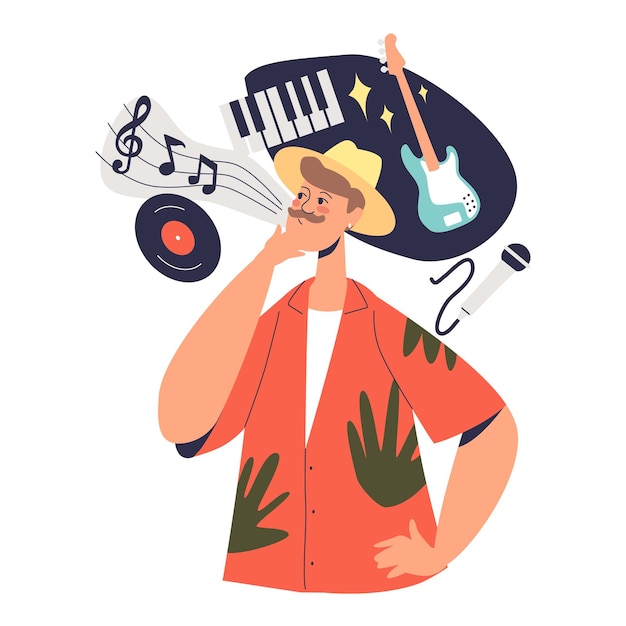 Vector creative mindset: artistic male cartoon character with creativity personality and music hobby