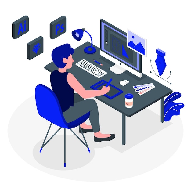 Vector creative professional working on computer with graphics tablet