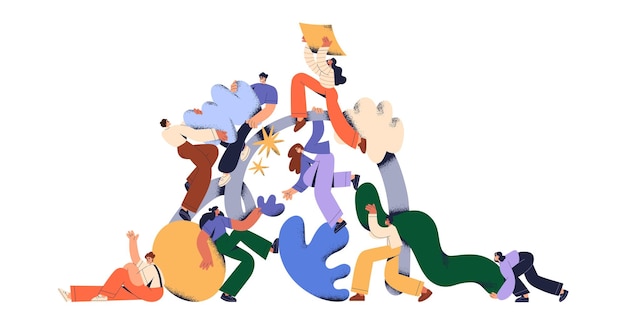 Vector creative team creating new, building abstract structure, working under corporate project. business and creativity process, teamwork concept. flat vector illustration isolated on white background.