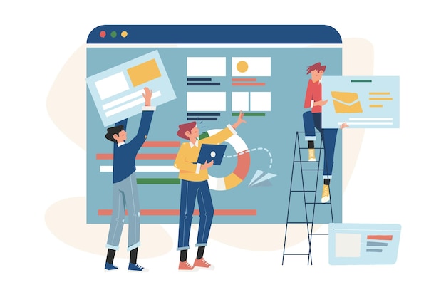 Vector creative teamwork building a business project on the internet