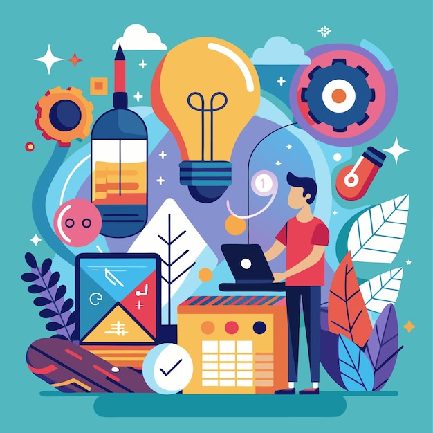 Vector creative workspace illustration vibrant office design with inspirational elements