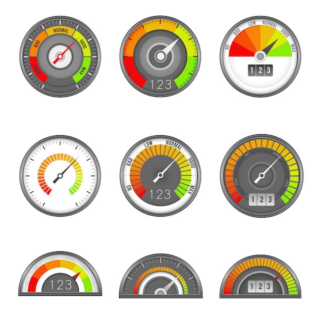 Vector credit indicator. speedometer score gauge level scale, indicator rate dial, measure rating manometer graph minimum high, vector flat
