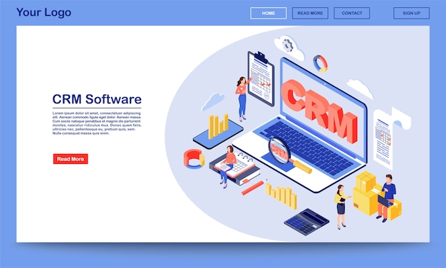 Vector crm software isometric landing page vector template. working process, workflow organization and optimization service website interface. customer relationship management system 3d concept landing page