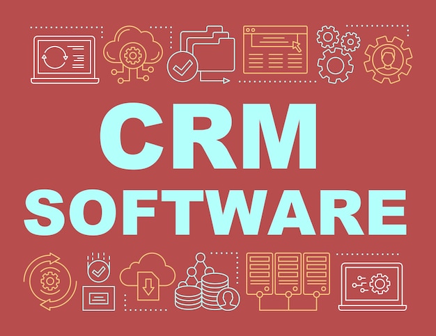 Vector crm software word concepts banner. computer program. presentation, website. client identity, database. business management. isolated lettering typography idea with linear icons. vector illustration
