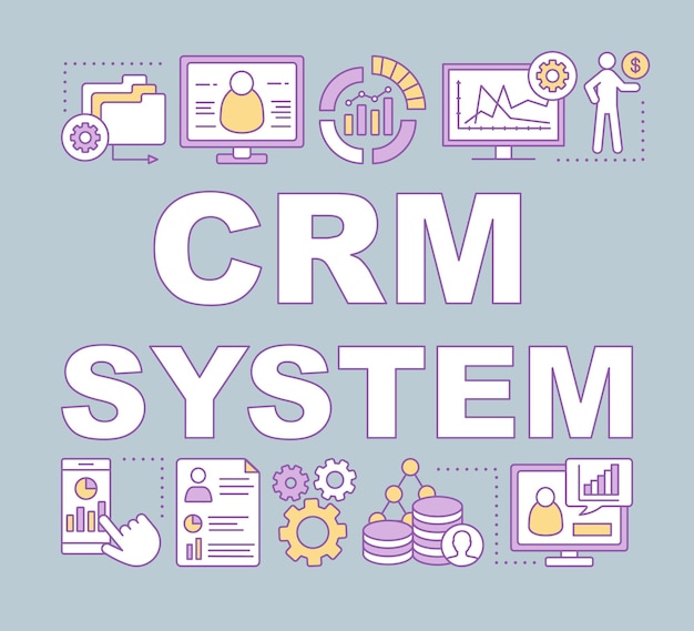 Vector crm system word concepts banner. client identity. customer database. computer software. presentation, website. isolated lettering typography idea with linear icons. vector outline illustration