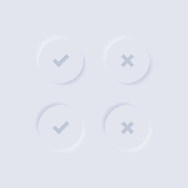 Vector cross and check mark button in neumorphism app style ui minimal design elements in vector flat style