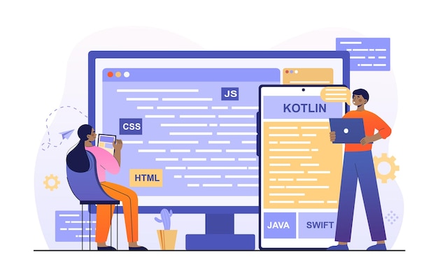 Vector cross platform coding concept web developers create app for phone computer and laptop professionals
