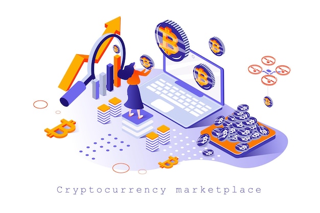 Vector cryptocurrency marketplace concept in 3d isometric design blockchain technology bitcoin mining