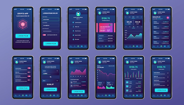 Vector cryptocurrency unique design kit for mobile app. bitcoin mining screens with progress charts and financial analytics. cryptocurrency platform ui, ux templates. gui for responsive mobile application.