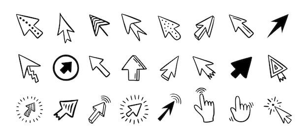 Vector cursor doodle icon set click cursor hand drawn set isolated mouse cursor