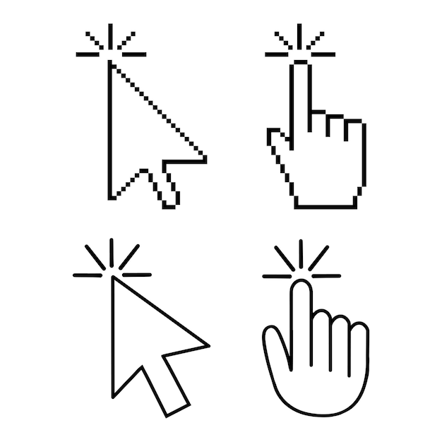 Vector cursor icon set pixel cursor vector cursor arrow and mouse mouse click cursor arrow and hand pointer